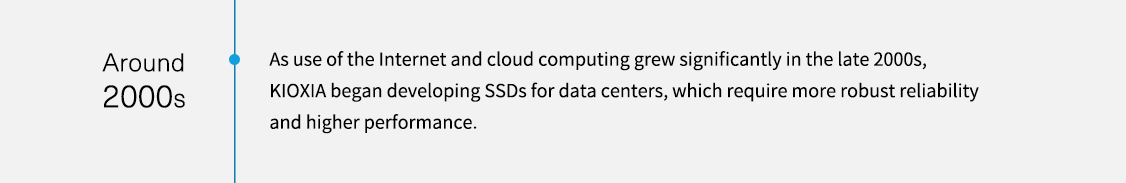 Körülbelül a 2000-es években. Mivel az internet és a felhőalapú számítástechnika használata jelentősen növekedett a 2000-es évek végén, a KIOXIA elkezdett SSD-ket fejleszteni adatközpontok számára, amelyek robusztusabb megbízhatóságot és nagyobb teljesítményt igényelnek.